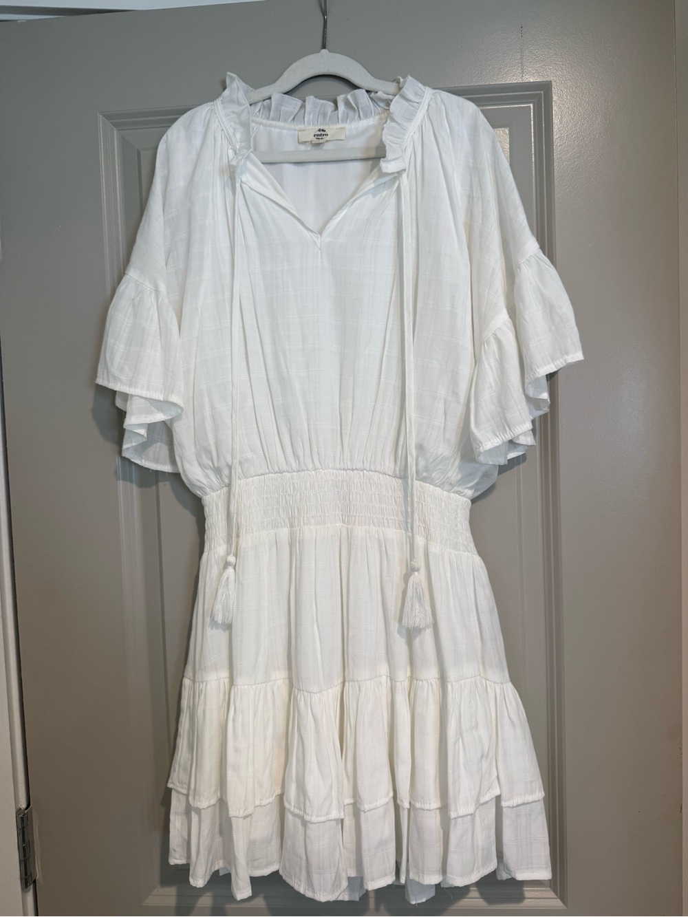 entro White Tiered Mini Dress with Tassel Tie